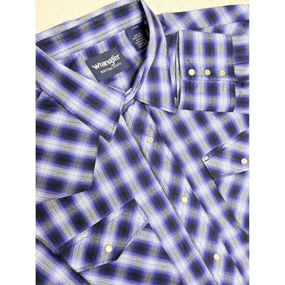 Wrangler Western Shirt Mens Large Blue Purple Plaid Pearl Snap Long Sleeve 75204